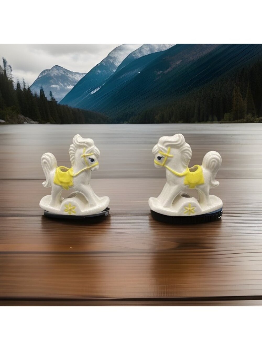 Vintage Lot 2 White Yellow Rocking Horse Figurine Candle Holder Cake Topper